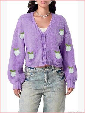 Cute Cropped Cardigan Women Embroidered Floral Knit Button Down Sweater Outwear